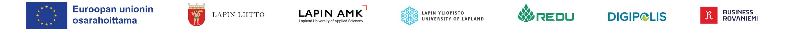 Startup-hanke-logot Logot: EU:n osarahoittama, Lapin liitto, Lapin AMK, Lapin yliopisto, Redu, Digipolis, Business Rovaniemi